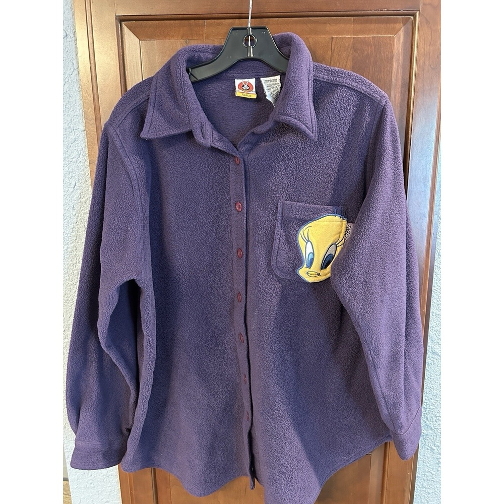 Vintage 90s Looney Tunes Fleece Shirt Women 18W Purple Tweety Bird Fleece Jacket